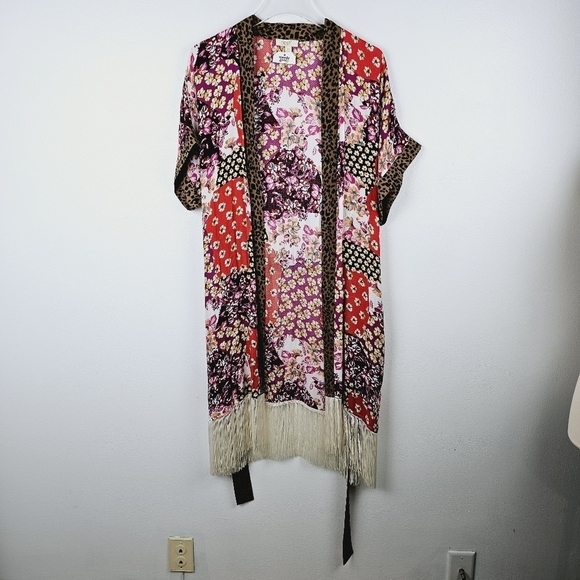 ODDY Tops - Oddy Mixed Media Patchwork Floral Leopard Print Fringe Kimono, size S/M